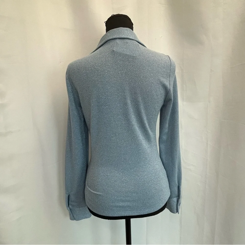 Zara light blue shimmer metallic glitter long sleeve keyhole collared blouse top - Picture 7 of 16